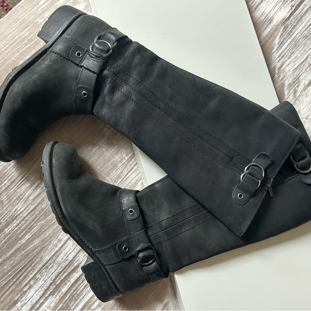 Clarks Black Over the Knee Boots with Flat Design and Buckle Straps